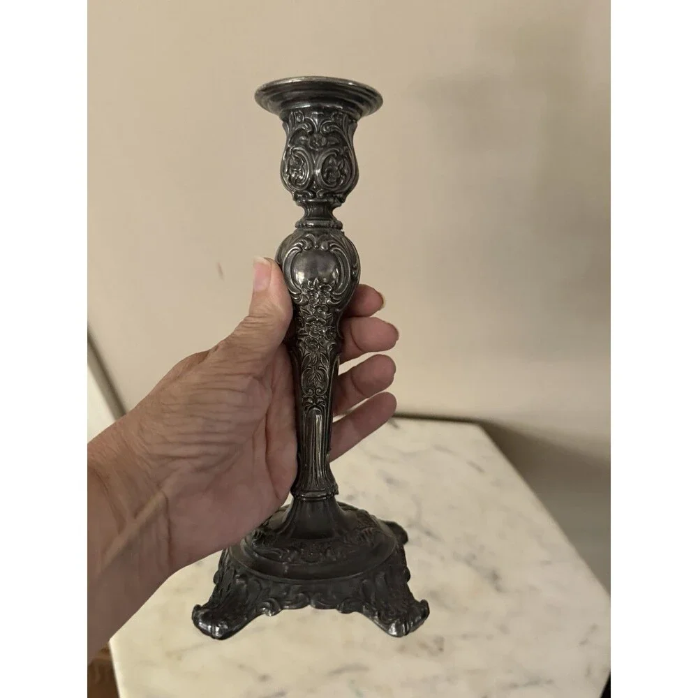 Vintage Victorian Rose WM Rogers & Son Silver Plated Candlestick 9” Heavy
